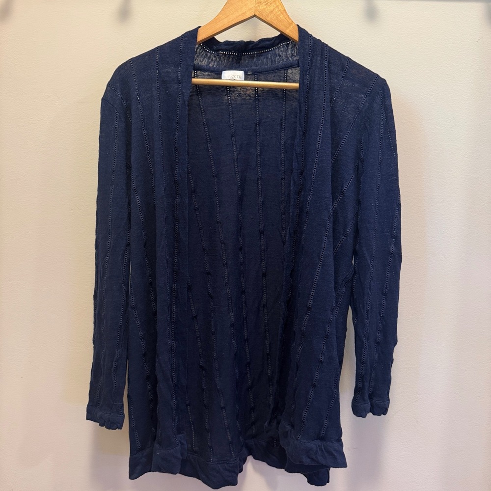Ecru Women Navy Blue 100% Linen Open Front Pointelle Knit Cardigan Sweater Large